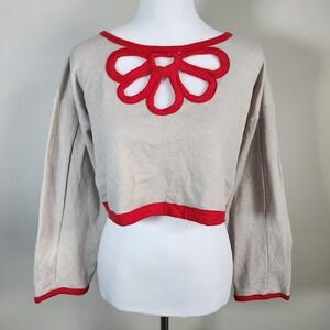 Handmade Cropped Sweatshirt Womens M/L Gray Red Flower Cutout Indie Boho Boxy